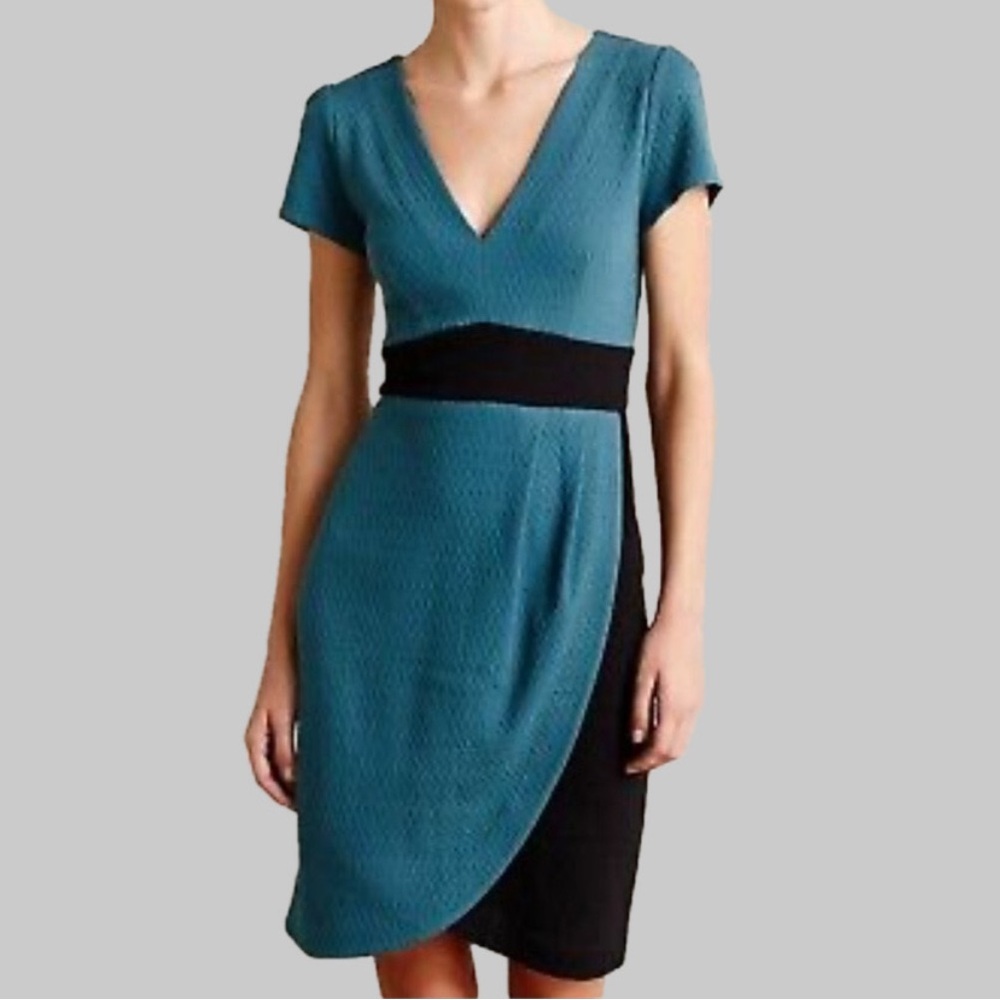 Anthropologie Maeve Splitshade Tulip Hem Knit Dress Size XS V-Neck Teal Black